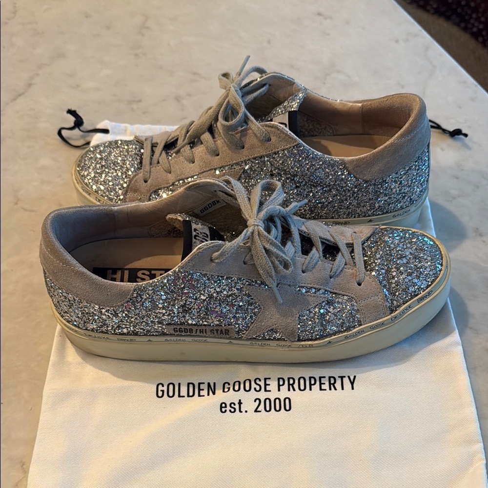 Golden Goose Silver Glitter Sneakers Lace-Up